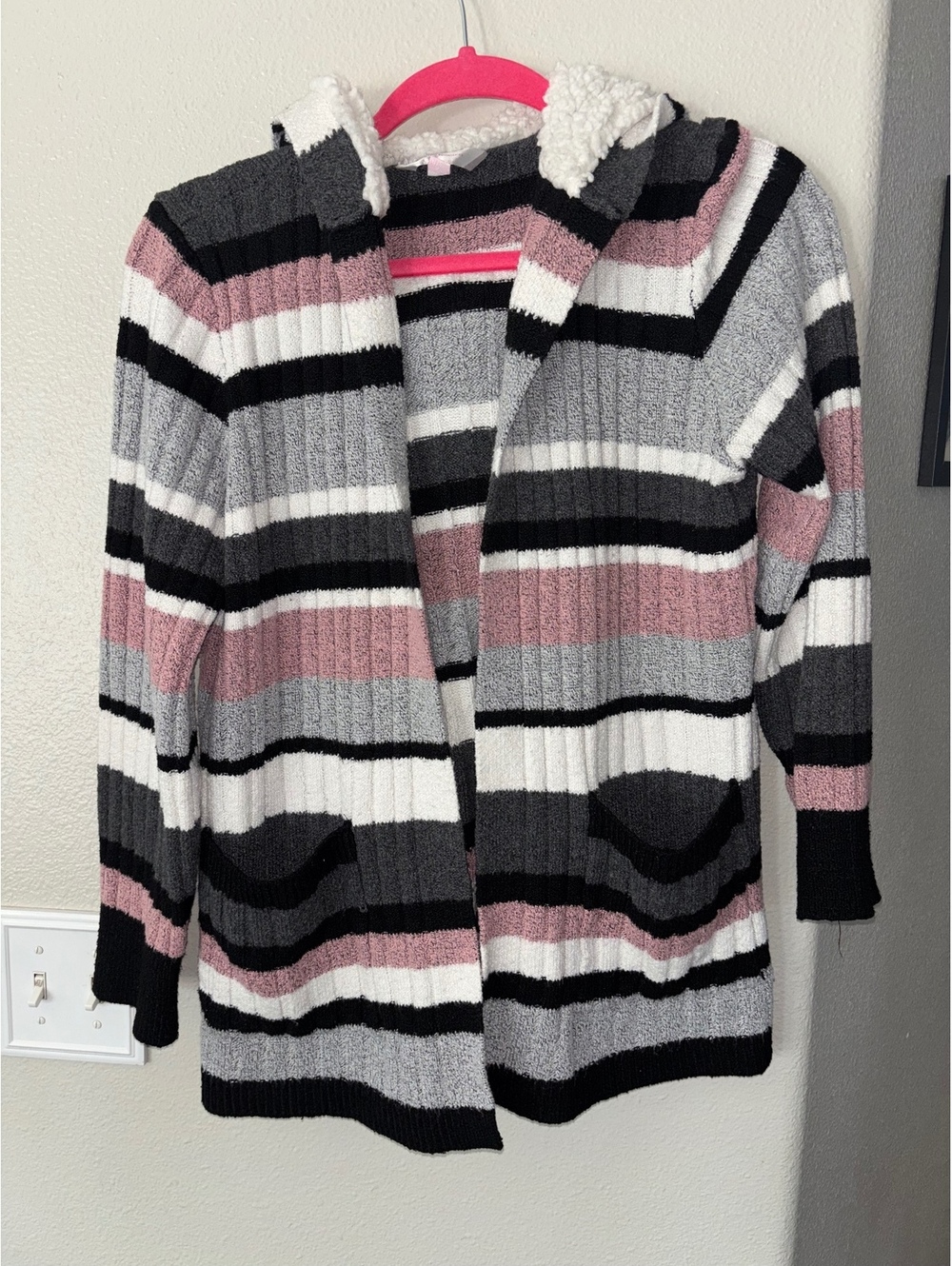 Cozy Striped Hooded Open Front Cardigan Sherpa Lined Pocket Sweater size LG